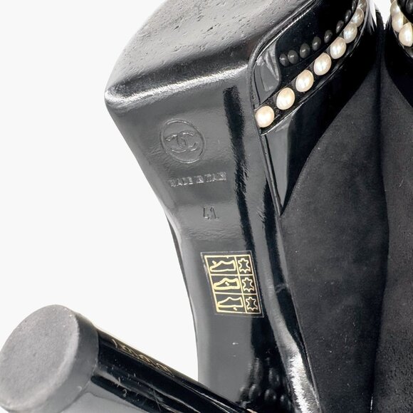 Chanel Platform Pearl Pumps EU 41 US 10-10.5 Black Suede Leather Cap Toe Heel - Picture 11 of 12